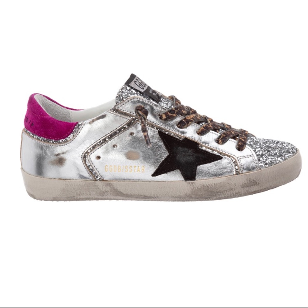 Golden Goose Super-star Sneakers In Silver Glitter- Black - Magenta